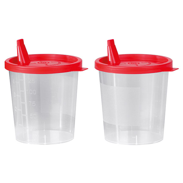 Urinbecher 125 ml mit rotem Schnappdeckel und Tülle, unsteril, 500 Stück Produktbild Urinbecher 125 ml mit rotem Schnappdeckel und Tülle, unsteril, 500 Stück